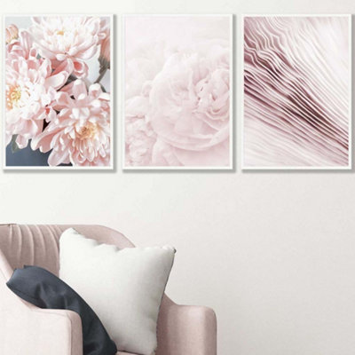 Set of 3 Abstract Pink Macro Floral Wall Art Prints / 42x59cm (A2) / White Frame