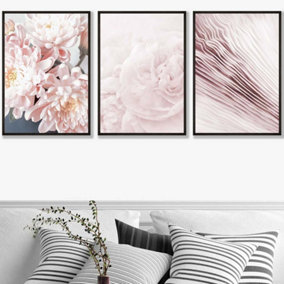 Set of 3 Abstract Pink Macro Floral Wall Art Prints / 50x70cm / Black Frame