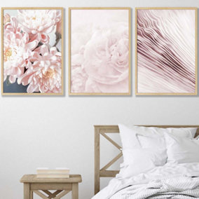 Set of 3 Abstract Pink Macro Floral Wall Art Prints / 50x70cm / Oak Frame