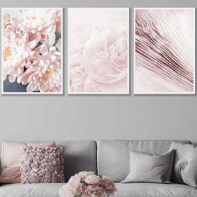 Set of 3 Abstract Pink Macro Floral Wall Art Prints / 50x70cm / White Frame
