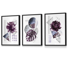 Set of 3 Abstract Purple and Silver Botanical Wall Art Prints / 30x42cm (A3) / Black Frame