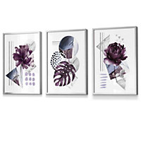 Set of 3 Abstract Purple and Silver Botanical Wall Art Prints / 30x42cm (A3) / Silver Frame