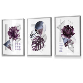 Set of 3 Abstract Purple and Silver Botanical Wall Art Prints / 30x42cm (A3) / Silver Frame