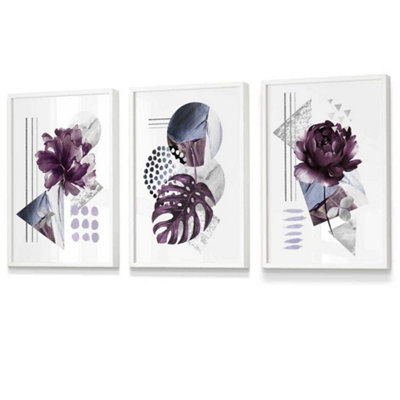 Set of 3 Abstract Purple and Silver Botanical Wall Art Prints / 30x42cm ...