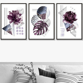 Set of 3 Abstract Purple and Silver Botanical Wall Art Prints / 50x70cm / Black Frame