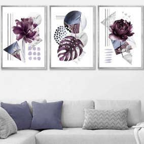 Set of 3 Abstract Purple and Silver Botanical Wall Art Prints / 50x70cm / Silver Frame