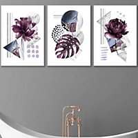 Set of 3 Abstract Purple and Silver Botanical Wall Art Prints / 50x70cm / White Frame