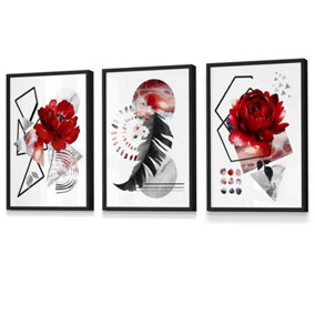Set of 3 Abstract Red and Black Botanical Wall Art Prints / 30x42cm (A3) / Black Frame