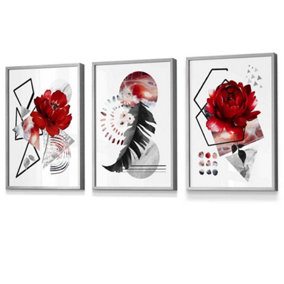 Set of 3 Abstract Red and Black Botanical Wall Art Prints / 30x42cm (A3) / Light Grey Frame