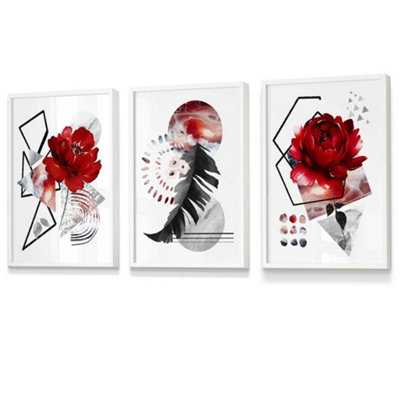 Set of 3 Abstract Red and Black Botanical Wall Art Prints / 30x42cm (A3 ...