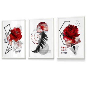Set of 3 Abstract Red and Black Botanical Wall Art Prints / 30x42cm (A3) / White Frame