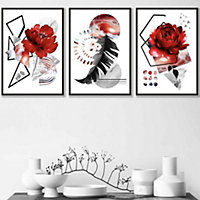 Set of 3 Abstract Red and Black Botanical Wall Art Prints / 42x59cm (A2) / Black Frame