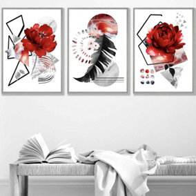 Set of 3 Abstract Red and Black Botanical Wall Art Prints / 42x59cm (A2) / Light Grey Frame