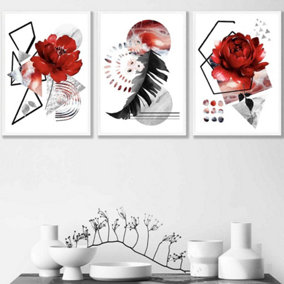 Set of 3 Abstract Red and Black Botanical Wall Art Prints / 42x59cm (A2) / White Frame