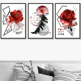 Set of 3 Abstract Red and Black Botanical Wall Art Prints / 50x70cm / Black Frame