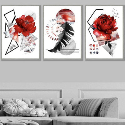 Set of 3 Abstract Red and Black Botanical Wall Art Prints / 50x70cm ...