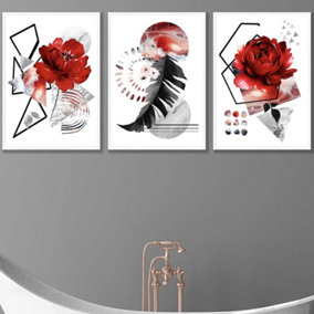 Set of 3 Abstract Red and Black Botanical Wall Art Prints / 50x70cm / White Frame