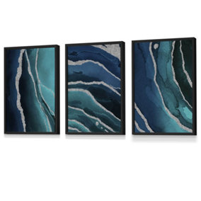 Set of 3 Abstract Teal Blue Silver Strokes Wall Art Prints / 30x42cm (A3) / Black Frame