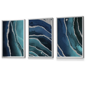 Set of 3 Abstract Teal Blue Silver Strokes Wall Art Prints / 30x42cm (A3) / Silver Frame