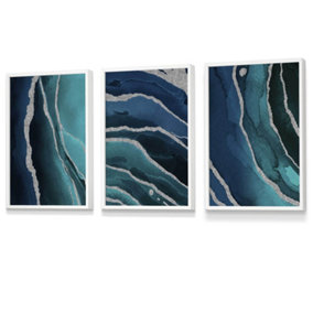 Set of 3 Abstract Teal Blue Silver Strokes Wall Art Prints / 30x42cm (A3) / White Frame