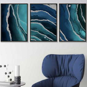 Set of 3 Abstract Teal Blue Silver Strokes Wall Art Prints / 42x59cm (A2) / Black Frame