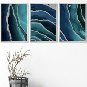 Set of 3 Abstract Teal Blue Silver Strokes Wall Art Prints / 42x59cm (A2) / Silver Frame