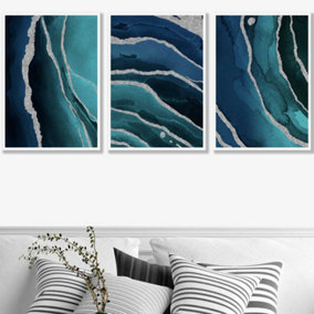 Set of 3 Abstract Teal Blue Silver Strokes Wall Art Prints / 50x70cm / White Frame
