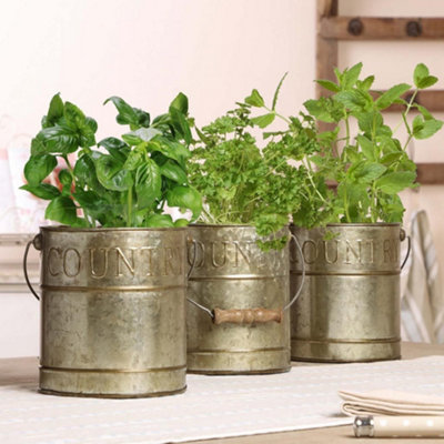 Set of 3 Aged Zinc Indoor Outdoor Garden Planter Pots (H) 15cm, (Dia)14cm