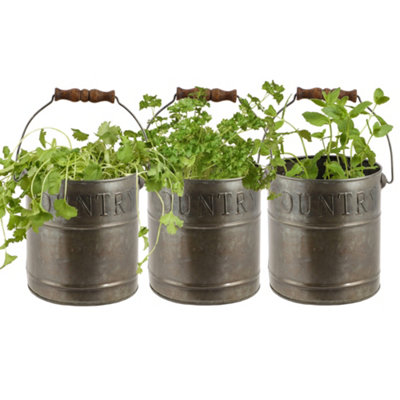 Set of 3 Aged Zinc Indoor Outdoor Garden Planter Pots (H) 15cm, (Dia)14cm
