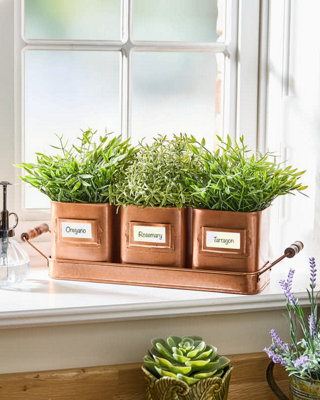 Set of 3 Antique Copper Metal Indoor Outdoor Garden Plant Pots on Tray (W)  43cm, (H)
