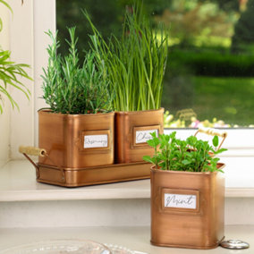 Set of 3 Antique Copper Metal Indoor Outdoor Garden Plant Pots on Tray