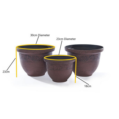 Set of 3 Antique Effect Planters - Weatherproof Lightweight Durable Recycled Plastic Outdoor Garden Plant Pots - 2 Large & 1 Small