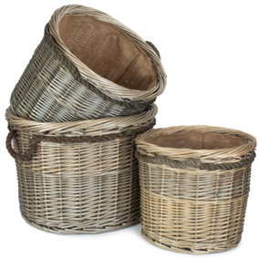 Set of 3 Antique Wash Round Rope Handled Wicker Log Basket