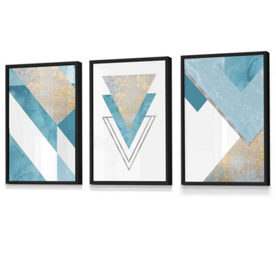 Set of 3 Aqua Blue Abstract Mid Century Geometric Wall Art Prints / 30x42cm (A3) / Black Frame