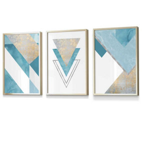 Set of 3 Aqua Blue Abstract Mid Century Geometric Wall Art Prints / 30x42cm (A3) / Gold Frame