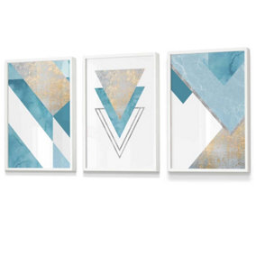 Set of 3 Aqua Blue Abstract Mid Century Geometric Wall Art Prints / 30x42cm (A3) / White Frame