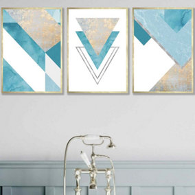 Set of 3 Aqua Blue Abstract Mid Century Geometric Wall Art Prints / 42x59cm (A2) / Gold Frame
