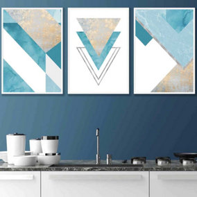 Set of 3 Aqua Blue Abstract Mid Century Geometric Wall Art Prints / 42x59cm (A2) / White Frame