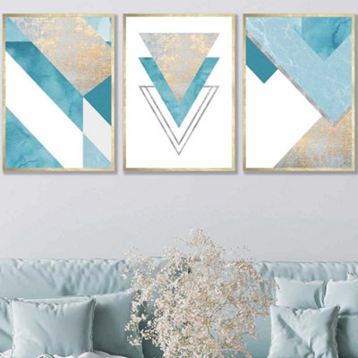 Set of 3 Aqua Blue Abstract Mid Century Geometric Wall Art Prints / 50x70cm / Gold Frame