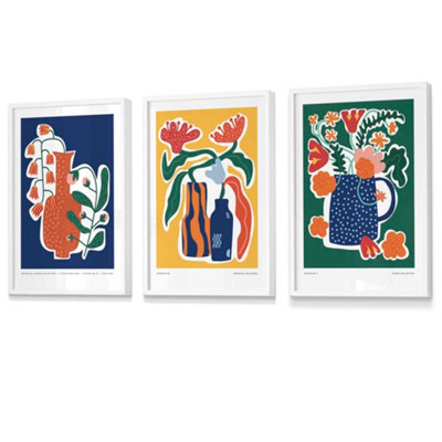 Set of 3 Artisan Bold Botanical Wall Art Prints / 42x59cm (A2) / White Frame