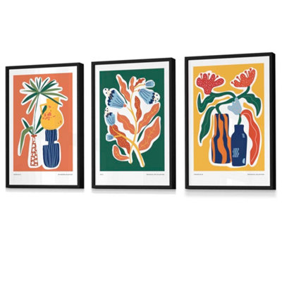 Set of 3 Artisan Bright Botanical Wall Art Prints / 42x59cm (A2) / Black Frame