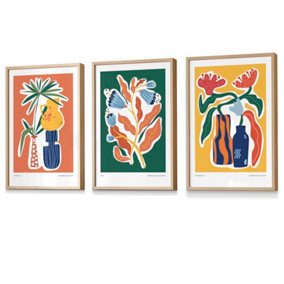 Set of 3 Artisan Bright Botanical Wall Art Prints / 42x59cm (A2) / Oak Frame