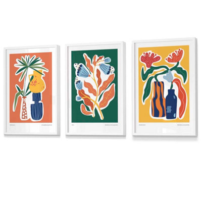 Set of 3 Artisan Bright Botanical Wall Art Prints / 42x59cm (A2) / White Frame