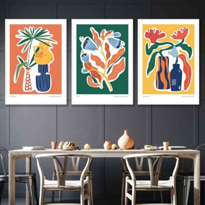 Set of 3 Artisan Bright Botanical Wall Art Prints / 42x59cm (A2) / White Frame