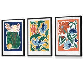 Set of 3 Artisan Floral Wall Art Prints in Bright Colours / 42x59cm (A2) / Black Frame