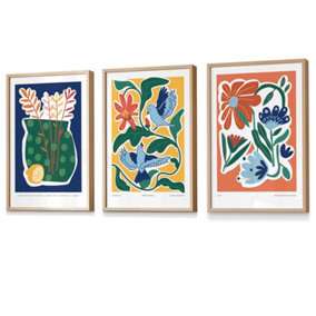 Set of 3 Artisan Floral Wall Art Prints in Bright Colours / 42x59cm (A2) / Oak Frame