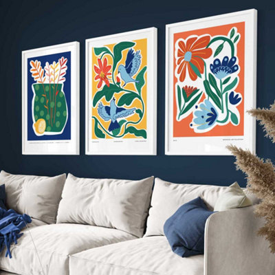 Set of 3 Artisan Floral Wall Art Prints in Bright Colours / 42x59cm (A2) / White Frame