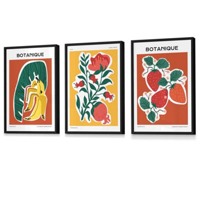 Set of 3 Artisan Fruit Wall Art Prints in Vibrant Colours / 42x59cm (A2) / Black Frame