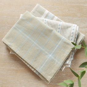 Set of 3 Assorted Blue & Beige Cotton Table Cleaning Tea Towels