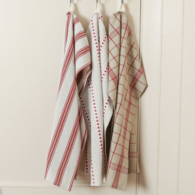 Set of 3 Assorted Red & Cream Cotton Cleaning Tea Towels